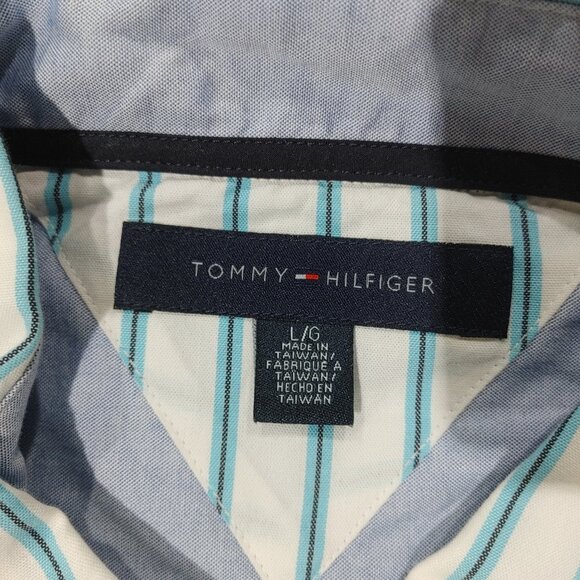 Excellent Condition Tommy Hilfiger Casual Button Shirt Size L Blue/Black Striped - Picture 2 of 3